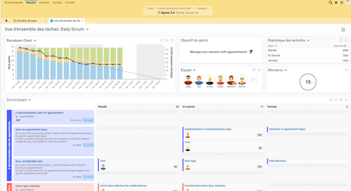 Aperçu des tâches avec le statut du sprint et les activités