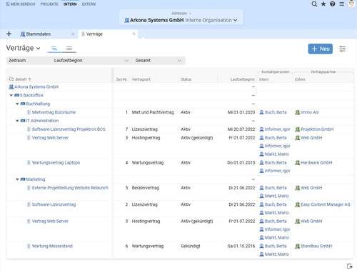 Screenshot des Vertragsmanagement-Moduls in Projektron BCS