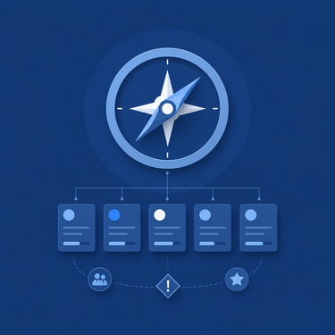 PMO-Software als Kompass für Projektportfolio und Ressourcensteuerung Illustration eines blauen Kompasses über mehreren Projektkarten als Symbol für PMO-Software, Projektportfoliomanagement, Ressourcensteuerung und datenbasierte Projektentscheidungen.