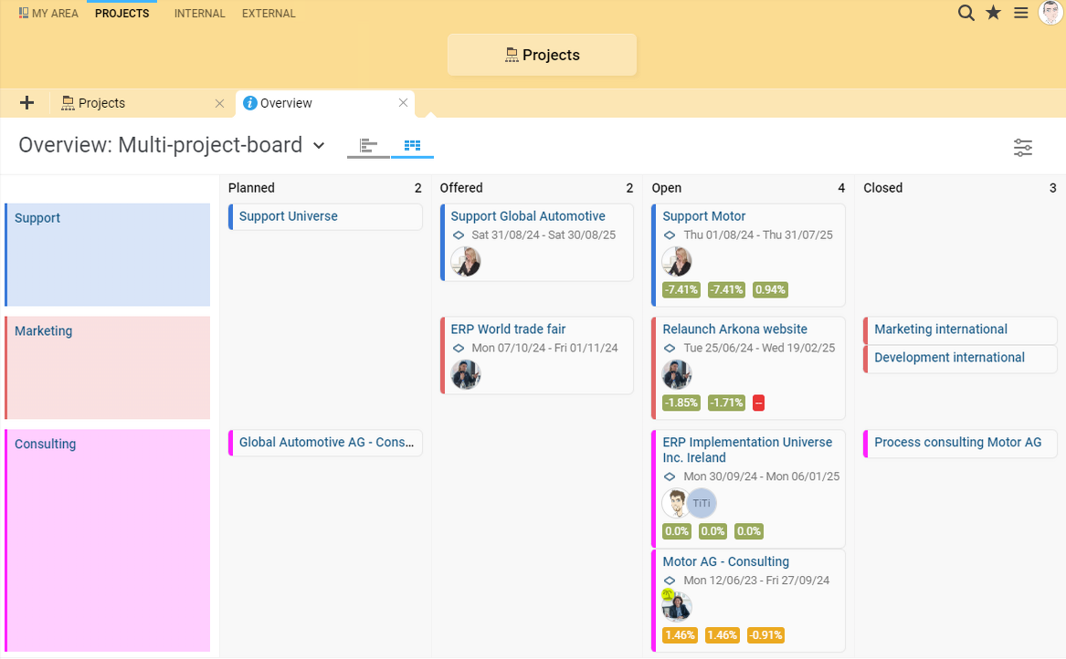 The Multi-Project Board provides you with an overview of all projects in your company. Multi-project board in BCS