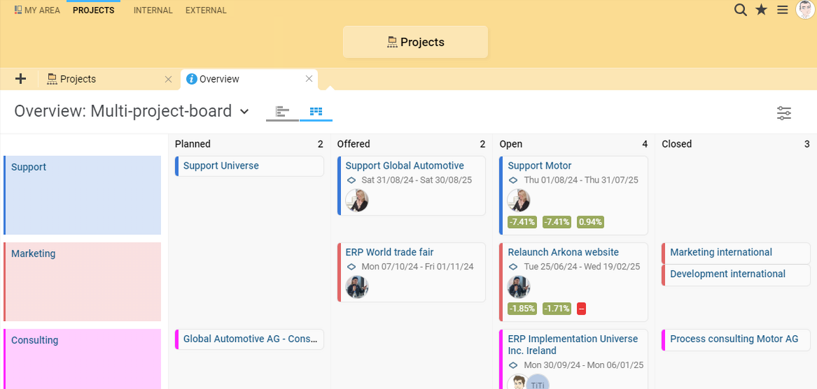 The Multi-Project Board provides you with an overview of all projects in your company. Multi-project board in BCS