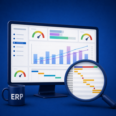 ERP-Auswahl für Dienstleister im Überblick Monitor mit abstraktem ERP-Dashboard, Projektcontrolling-Elementen und Lupe vor blauem Hintergrund.