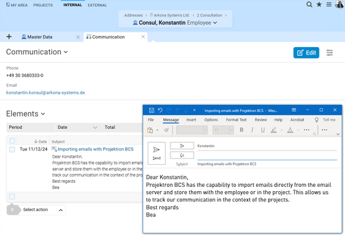 Projektron BCS assigns e-mails from Outlook to persons and projects