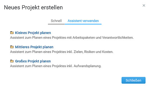 Los asistentes de proyecto adaptados al tamaño del proyecto facilitan la planificación del mismo. Asistente de proyectos en Projektron BCS