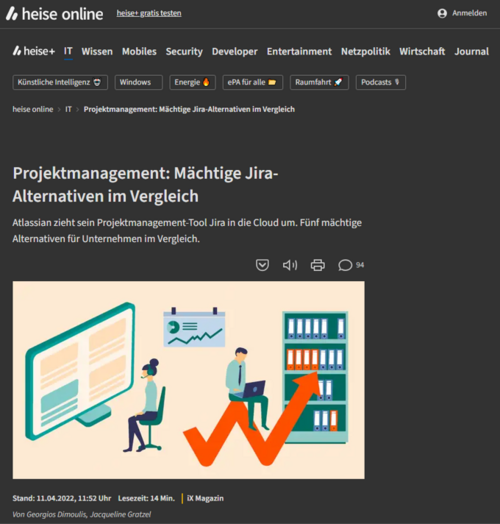 Der Heise-Artikel „Projektmanagement: Mächtige Jira-Alternativen im Vergleich“ stellt Projektron BCS als leistungsstarke On-Premises-Alternative zu Jira vor.