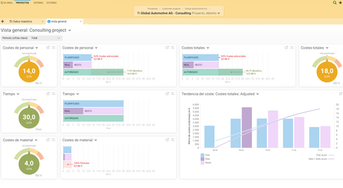 La vista general del proyecto en BCS le ofrece una vista general compacta de los KPI más importantes para el controlling de su proyecto. Vista general del proyecto en BCS