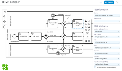 BPMN Designer interface for defining processes with activities, roles, swimlanes and decision points as well as context editor