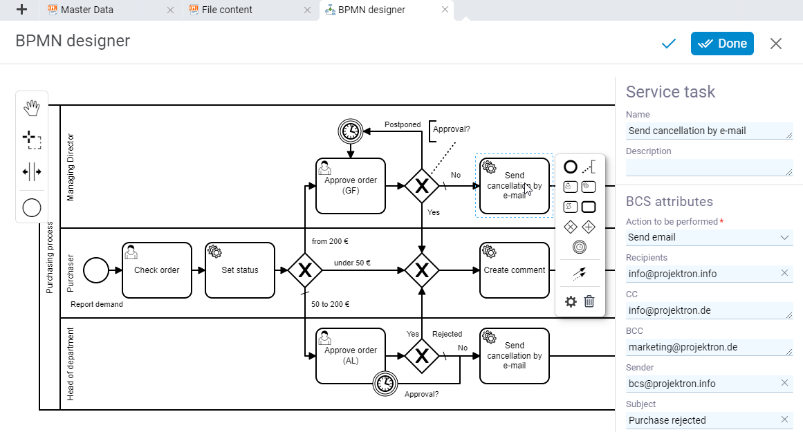 BPMN Designer interface for defining processes with activities, roles, swimlanes and decision points as well as context editor