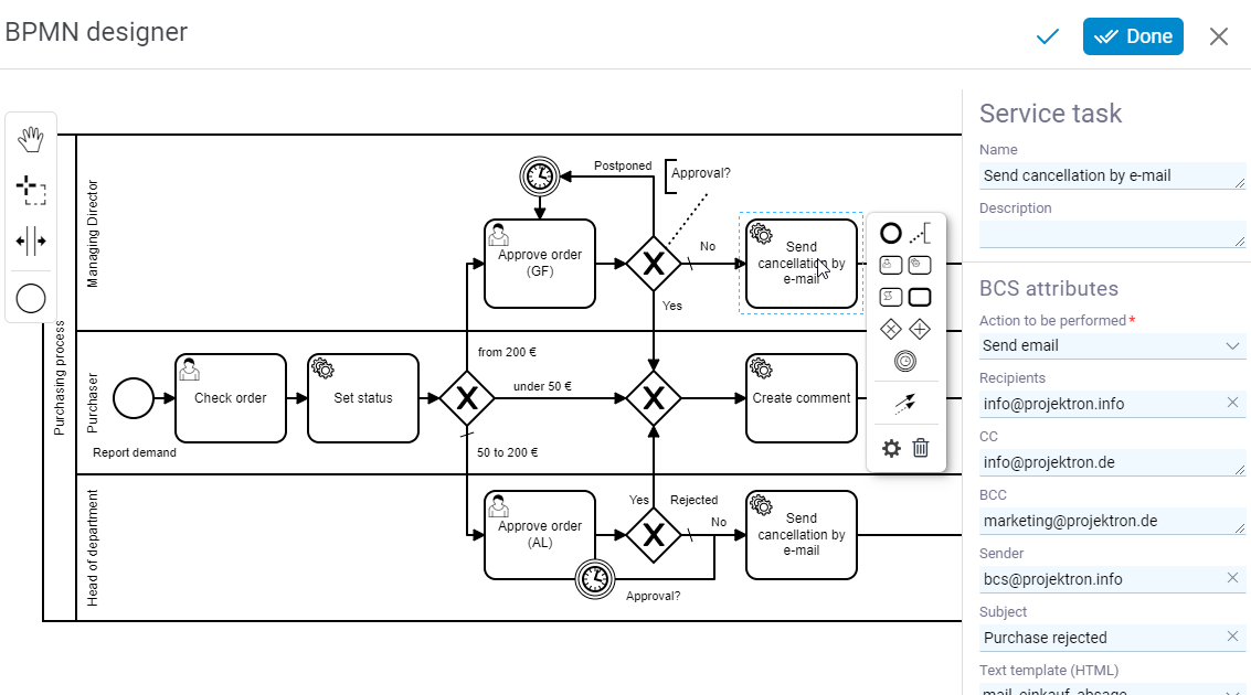 BPMN Designer interface for defining processes with activities, roles, swimlanes and decision points as well as context editor