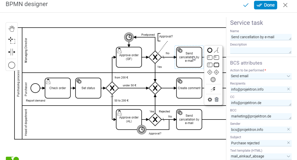 BPMN Designer interface for defining processes with activities, roles, swimlanes and decision points as well as context editor