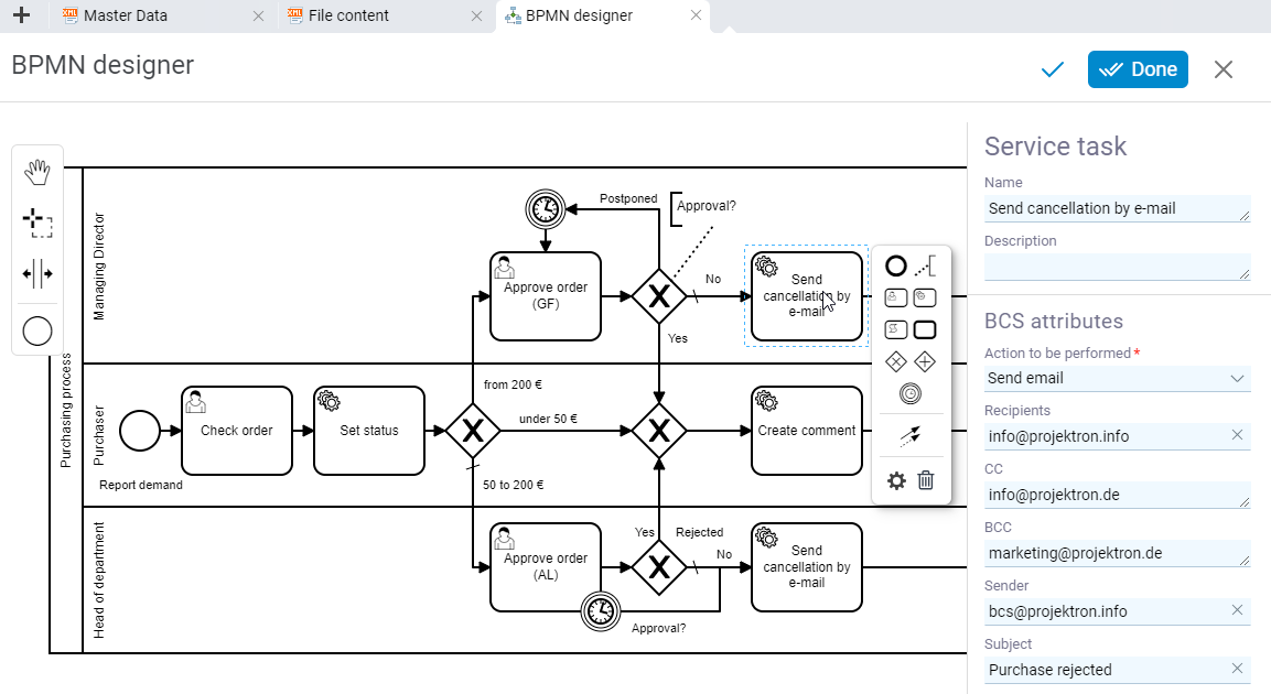 BPMN Designer interface for defining processes with activities, roles, swimlanes and decision points as well as context editor