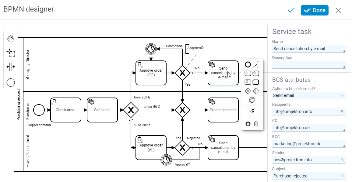 BPMN Designer interface for defining processes with activities, roles, swimlanes and decision points as well as context editor