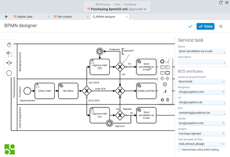 BPMN Designer interface for defining processes with activities, roles, swimlanes and decision points as well as context editor