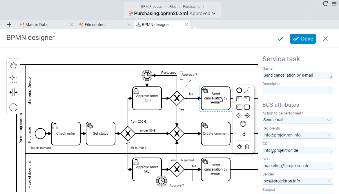 BPMN Designer interface for defining processes with activities, roles, swimlanes and decision points as well as context editor