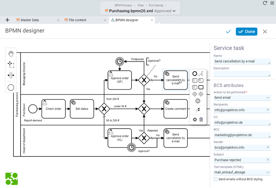 BPMN Designer interface for defining processes with activities, roles, swimlanes and decision points as well as context editor