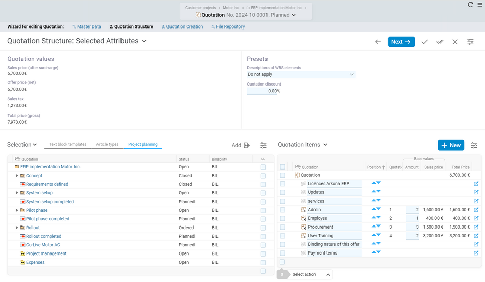 Simply add structure elements from your planning as offer items