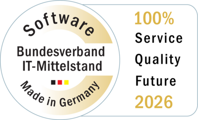 The “Software Made in Germany 2026” award from the German IT SME Association for the Business Coordination Software System (BCS) from Projektron. The “Software Made in Germany 2026” award from the German IT SME Association for the Business Coordination Software System (BCS) from Projektron.