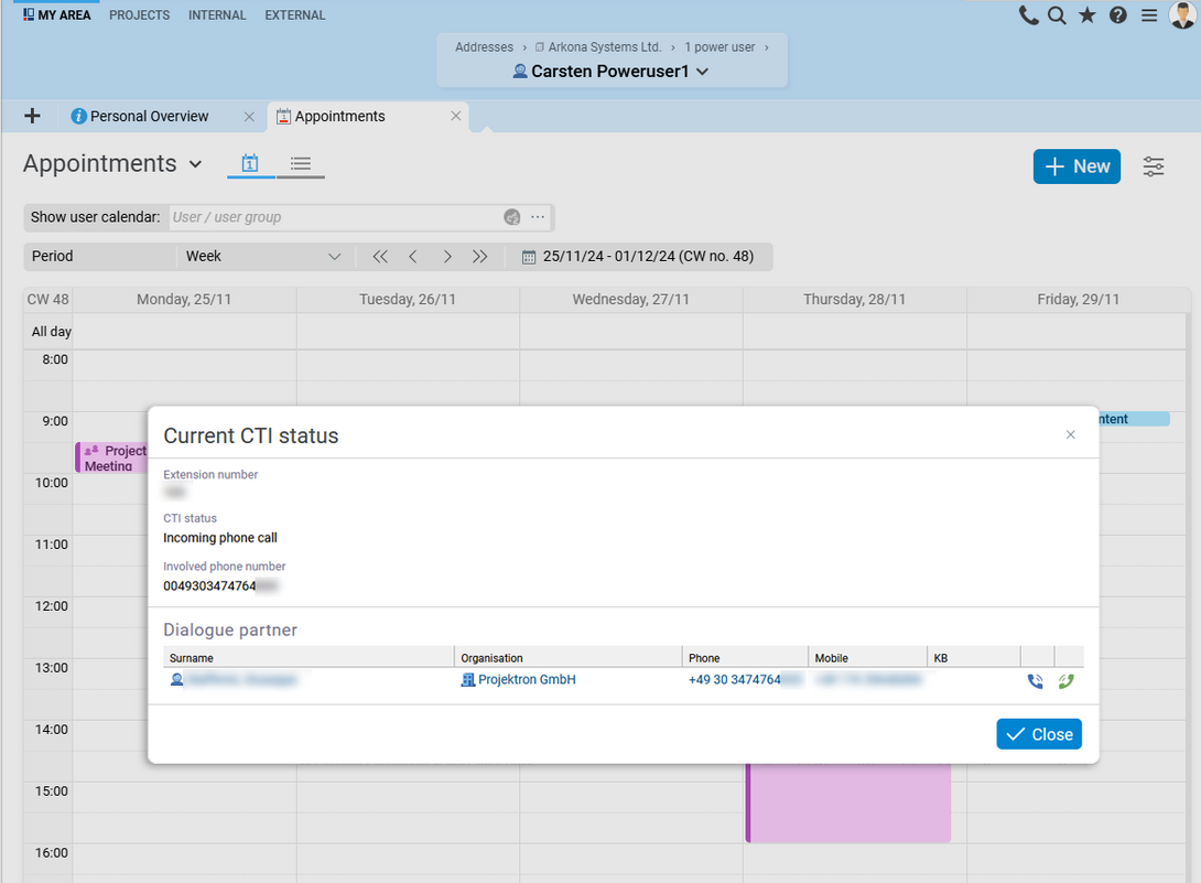 Screenshot CTI interface Projektron BCS