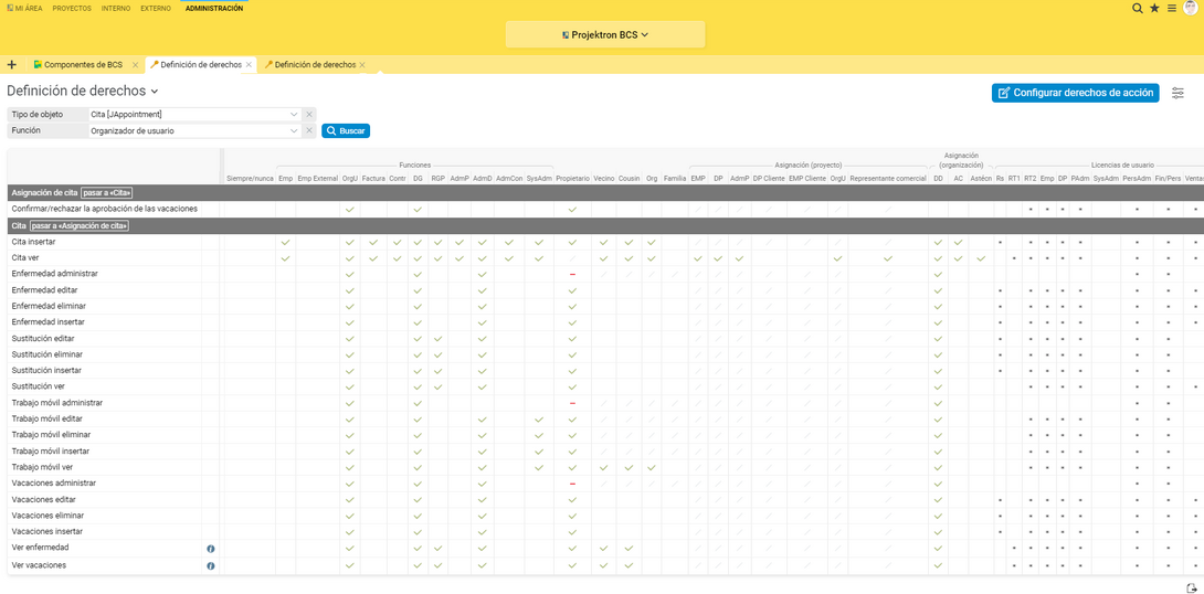En la matriz de derechos de Projektron BCS puede personalizar los derechos con unos pocos clics