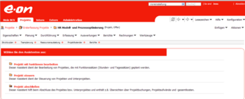 Screenshot des BCS Projektassistenten im roten Corporate Design von EON Customizing innerhalb der Projektmanagementsoftware BCS. Die Benutzeroberfläche zeigt die strukturierte Projektanlage und benutzerdefinierte Anpassungen im Corporate Design. Screenshot des BCS Projektassistenten im roten Corporate Design von EON Customizing in der Projektmanagementsoftware BCS.