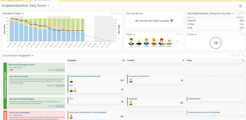 Im Aufgabenüberblick in BCS erhalten Sie einen Überblick über den Sprint-Status und das Scrum-Board mit allen Aktivitäten. Aufgabenüberblick mit Sprint Status und Aktivitäten