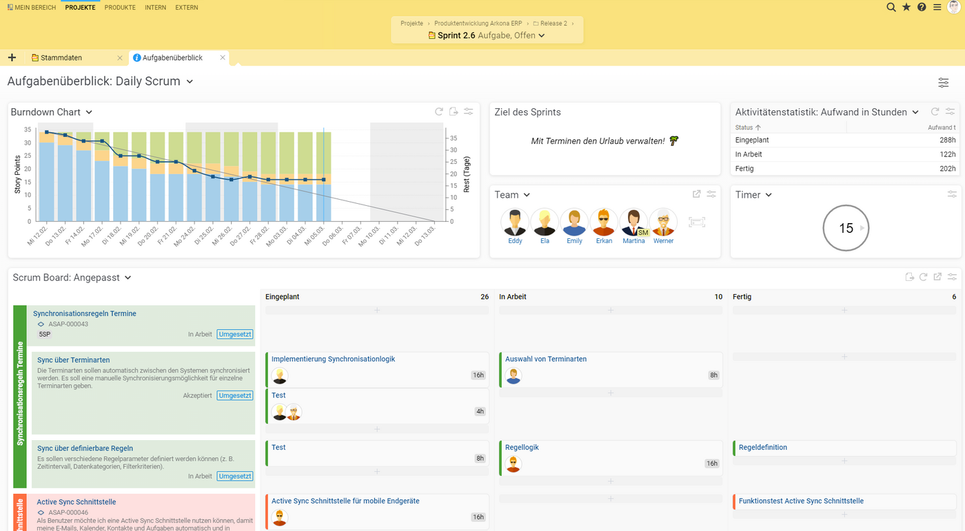 Aufgabenüberblick mit Sprint Status und Aktivitäten