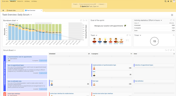 The task overview in BCS provides you with an overview of the sprint status and the scrum board with all activities. Task overview with sprint status and activities
