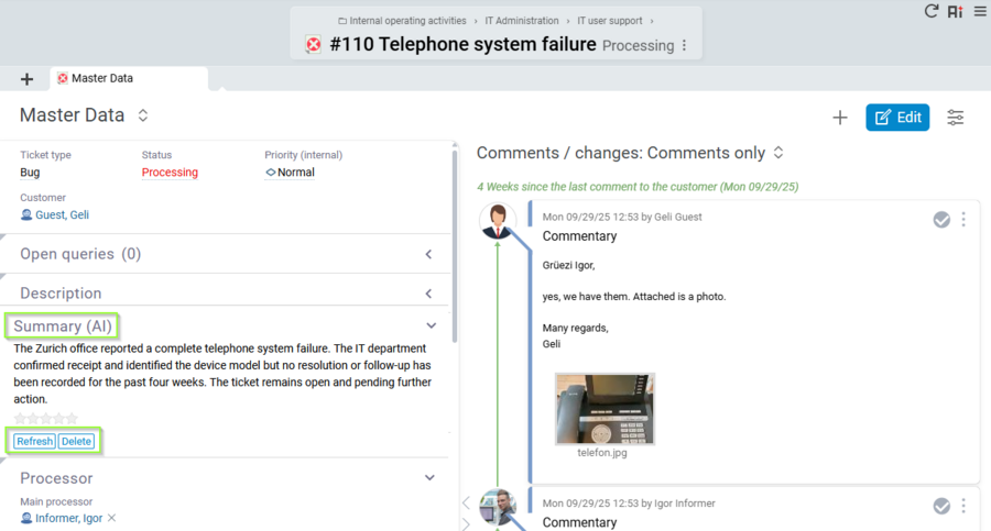 The new AI feature in Projektron BCS 25.3 automatically creates a clear, concise summary of each ticket, showing key information about content, progress, and history at a glance. All processing takes place securely on EU servers via the Projektron API Gateway and Mistral AI – La Plateforme. Screenshot of the AI-generated ticket summary in Projektron BCS 25.3 showing a compact overview of ticket content, progress, and history.