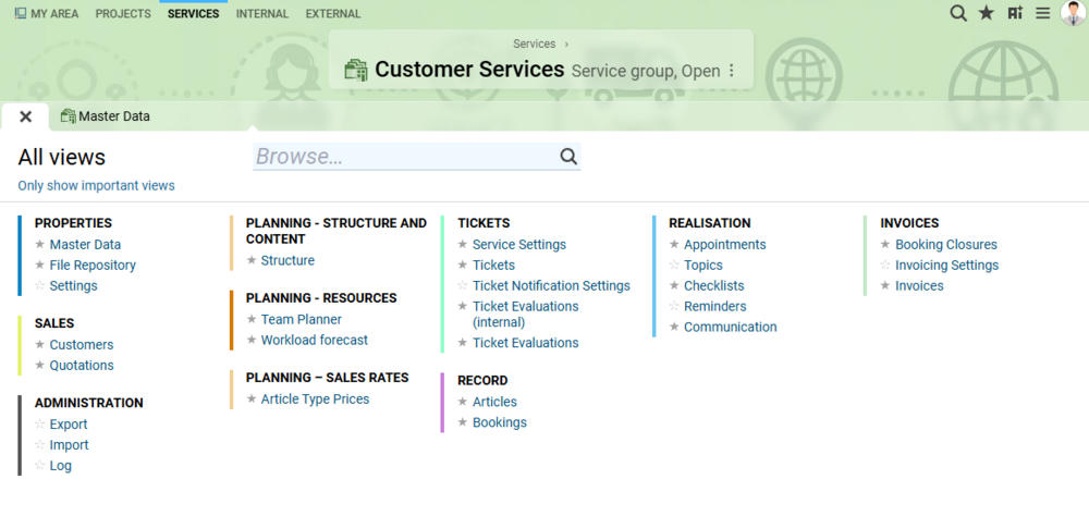 The Services workspace in BCS provides centralized access to service customers, tickets, resource planning, time tracking, workflows, invoices, and other functions for ongoing service operations. Services workspace in BCS showing views for service customers, tickets, resource planning, time tracking, workflows, and invoices.