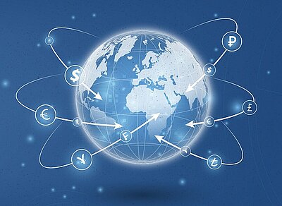 Symbol image with different currency symbols that symbolizes the multi-currency capability of Projektron BCS.