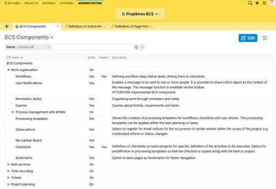 Screenshot of the administrator view in the BCS project management software for activating and deactivating modules related to views, functions and workspaces. The interface displays configuration options for customised system management. Administrator view in BCS for activating and deactivating modules for views, functions and workspaces.