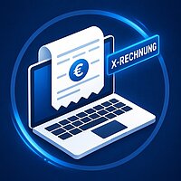 Die XRechnung standardisiert elektronische Rechnungen, reduziert manuelle Arbeitsschritte und unterstützt Unternehmen bei regelkonformen digitalen Rechnungsprozessen. Symbolische Darstellung einer digitalen XRechnung mit XML-Daten, Prüfprozess und automatisierter Rechnungsverarbeitung in einer Business-Software.