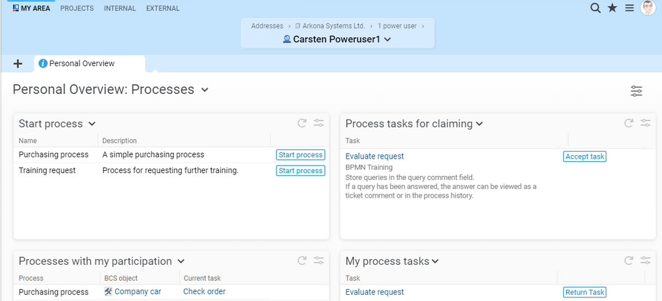 Work according to process models: Start processes directly in Projektron BCS and take over tasks