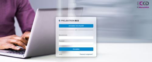 Der Login-Bildschirm von Projektron BCS wurde vollständig im Corporate Design der ECKD gestaltet – ein professioneller erster Kontaktpunkt für alle Nutzer. (Screenshot ECKD GmbH) Login-Bildschirm der Projektmanagement-Software BCS, individuell im ECKD-Corporate-Design gestaltet.
