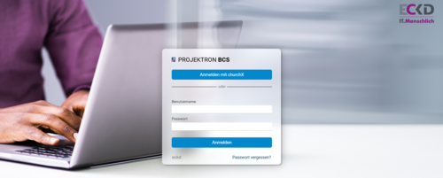 The login screen of Projektron BCS was designed entirely in ECKD's corporate design – a professional first point of contact for all users. (Screenshot ECKD GmbH) Login screen of the BCS project management software, customized in the ECKD corporate design.