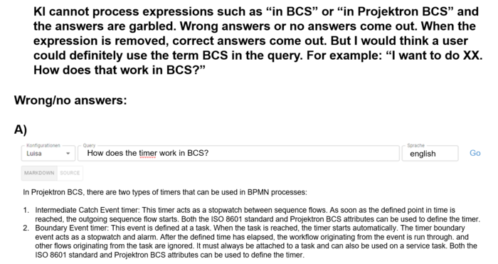 Test documentation for the Projektron BCS AI Help Assistant, which shows difficulties with the vector search and context recovery for specific terms such as “BCS” or “Projektron”.