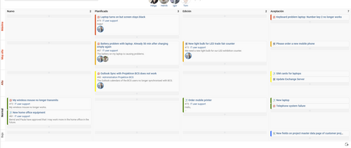 Projektron BCS como software Kanban: Tickets con diferentes prioridades y estados de procesamiento.