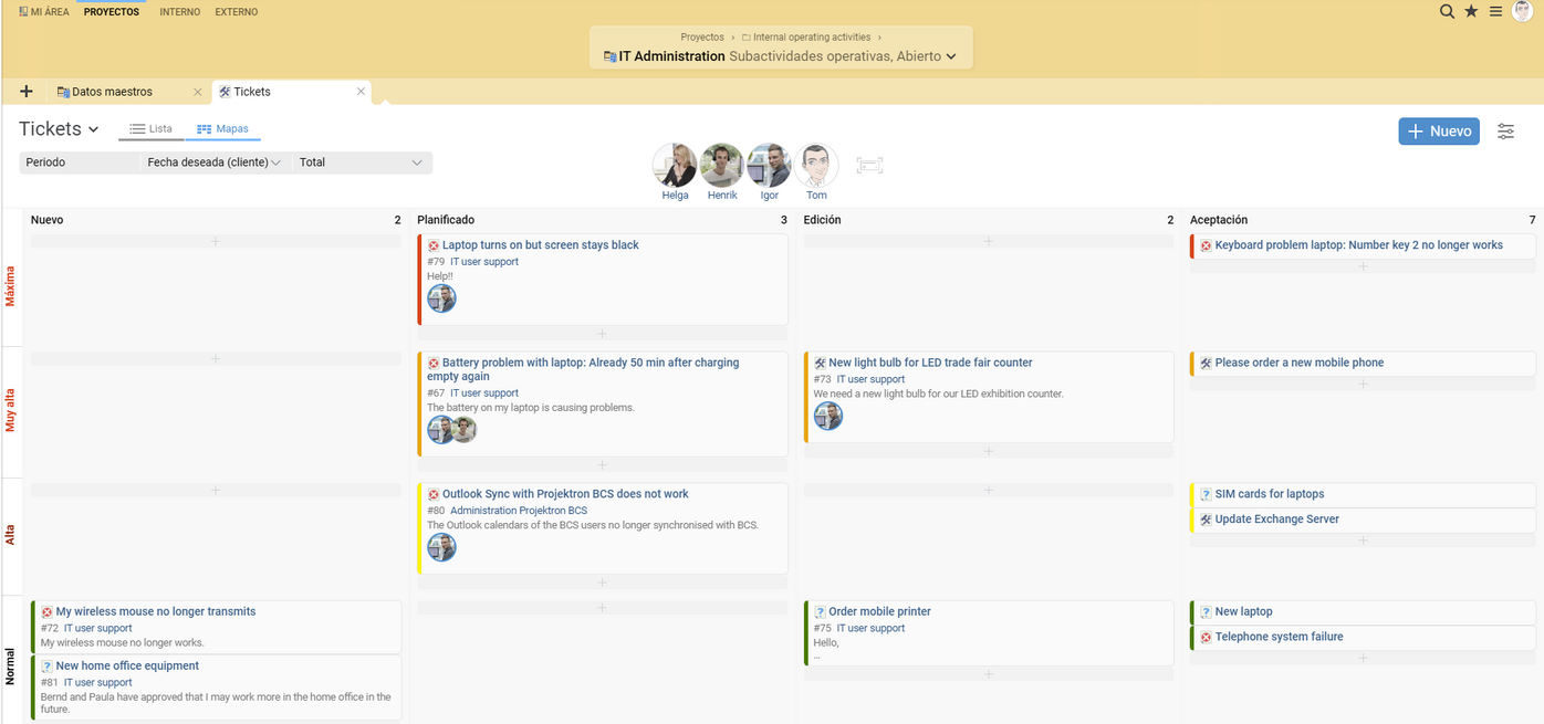 Defina usted mismo los pasos de procesamiento y los niveles de prioridad de sus tableros Kanban en BCS. BCS como software Kanban: Tickets con diferentes prioridades y estados de procesamiento.