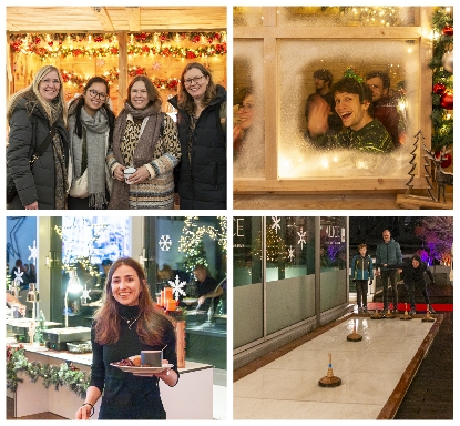 Fotocollage der Projektron-Weihnachtsfeier 2024 auf der weihnachtlich dekorierten Dachterrasse des Alice Rooftop.