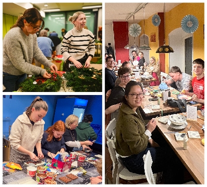 Weihnachtsbasteln 2025 bei Projektron Collage aus drei Projektron-Weihnachtsbastelaktionen 2025: Mitarbeitende bemalen Keramik, gießen Schokolade und binden Adventskränze in stimmungsvoller Atmosphäre.